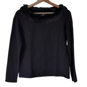 Folio New York Sweater Womens Medium Black Rabbit‎ Hair Fur Trim Silk Cashmere